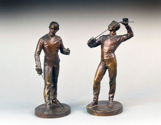 Benoît Rougelet, Pair of Patinated Bronze Fencers: Pair of patinated bronze fencers by Benoît (Benedict) Rougelet (1834-1894). Inscribed Rougelet on base. 12 1/4 inches. 12 1/2 inches.