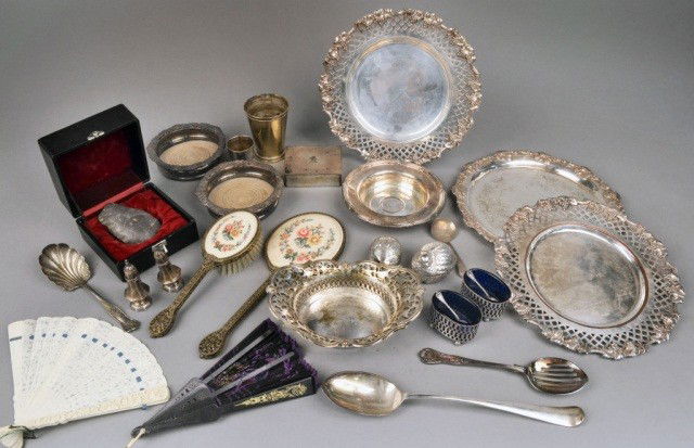 Miscellaneous Group of Silver Plated Articles: Three circular trays, pair of candy dishes, pair of salt cellars, shakers, together with a hand mirror and hair brush, etc.