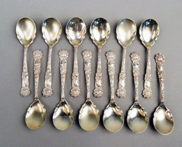 Twelve Alvin Sterling Silver Ice Cream Spoons: Bridal Rose pattern. Approximately 8.4 ounces.