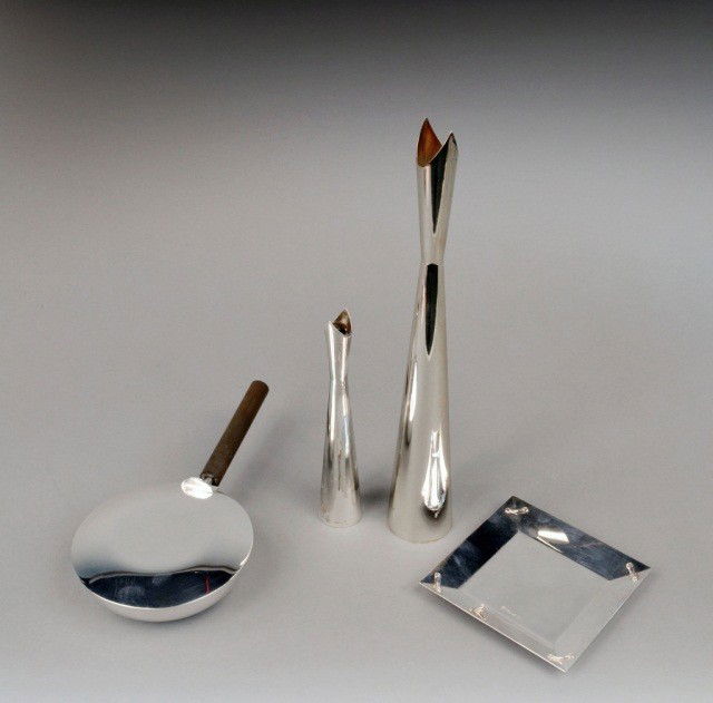 Group of Christofle Silver Plated Articles: Square tray, pair of candlesticks and a silent butler. Taller candlestick 14 1/2 inches.