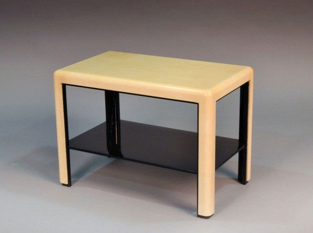 Karl Springer Style Side Table: Rectangular form , walnut with a parchment top above conforming shelf. Height 21 1/2 inches, width 30 inches, depth 18 inches.