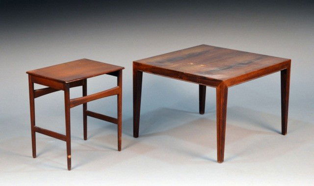 Hans Wegner for Andreas Tuck: Occasional table, height 18 inches, width 16 inches, depth 11 1/2 inches; together with a Danish rosewood square low table, height 17 inches, 23 1/2 inches square.