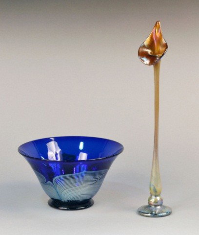 Art Glass Vase and Bowl: Blue glass bowl with silver feather decoration, signed Carrera, height together with a jack in the pulpit style art vase, signed, height 19 inches.