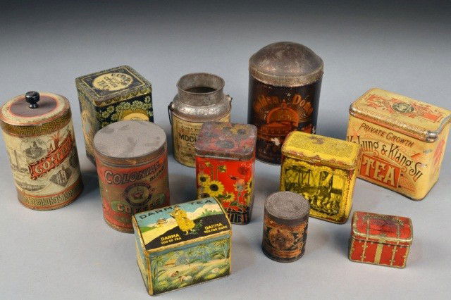 Group of Antique Tea and Coffee Tins: Various makers and designs.