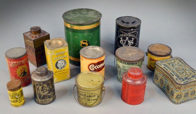 Group of Antique Kitchen Tins: Including tins for various spices, peanut butter, baking needs, etc.