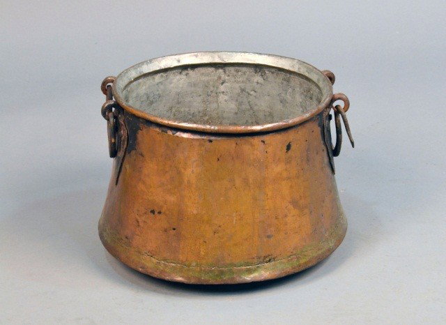 Vintage Copper Pot: With two bail handles. Height 11 inches, diameter 13 1/2 inches.