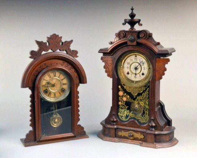 Two American Table Clocks: Late 19th century, mahogany cases, dials with Arabic numerals, one by Sessions. Taller 24 1/2 inches.