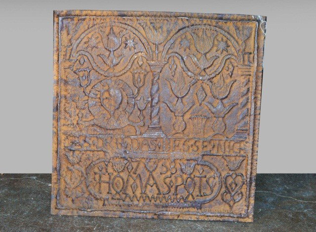 Cast Iron Fire Back Plate: Raised decoration of scrolls. 23 x 23 inches.