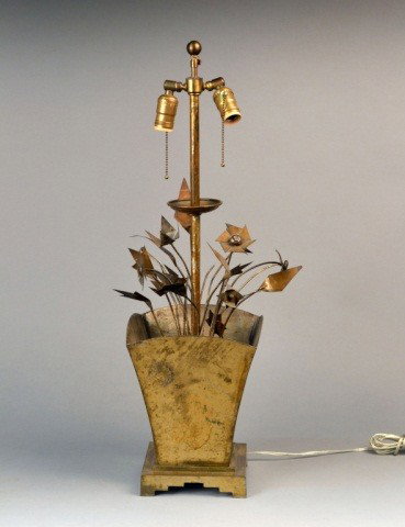 Metal Flower Pot Form Table Lamp: Flaring rectangular flower pot with abstract metal flowers. Height 32 inches.