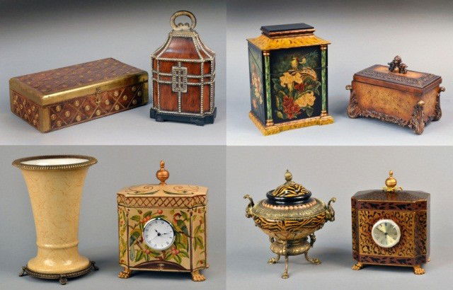 Miscellaneous Group of Table Articles: Including a gilt metal mounted vase, a covered urn, two painted case clocks, and four decorative boxes. Largest height 16 inches.