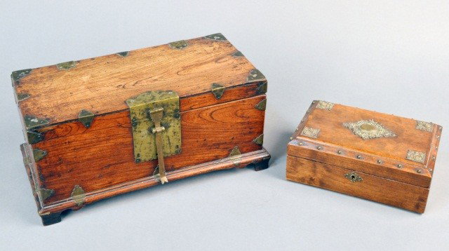 Two Brass Mounted Wood Boxes: One with bracket feet. Larger, height 8 inches, width 17 inches, depth 9 inches.
