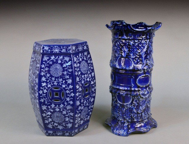 Cobalt Porcelain Umbrella Stand & Garden Seat: Umbrella stand, height 23 inches, garden seat height 19 inches.