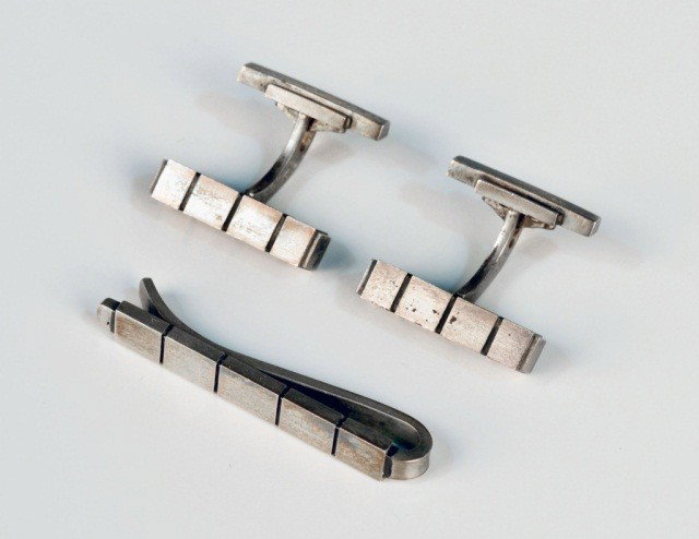 Georg Jensen Sterling Silver Jewelry: Tie bar and a pair of cufflinks, model #64 and #64B.