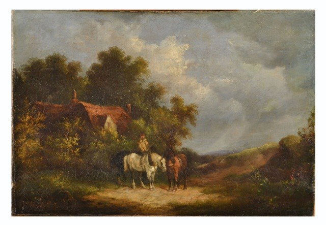 Continental School (19th c.) Landscape with Horses: Oil on canvas. 13 x 19 inches.