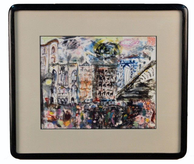 Joan Snyder (Am., 1940) Manhattan Bridge: Mixed media on paper, signed, titled, and dated u.r. Snyder 88'. Sight size 10 1/4 x 12 3/4 inches.