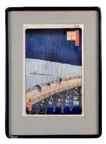 Utagawa (Ando) Hiroshige (Jp., 1797-1858) Print: Woodblock print. "Sudden Shower over Shi-Ohashi Bridge and Atake" (Ohashi Atake no yudachi). 1857. Publication History: One Hundred Famous Views of Edo, plate 58. Signed l.l. in vertical cartouche on 