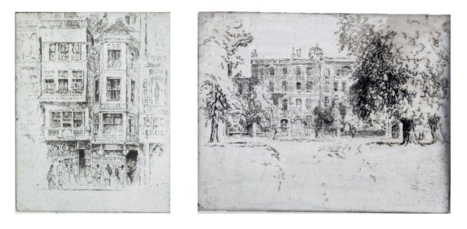 Joseph Pennell (Am, 1860-1926) Building Etchings: Two etchings. "On Clapham Common." Edition of 50. Signed l.m. in pencil. Cat. Rais. Wuerth 370. Image size 8 1/2 x 4 inches; sheet size 14 1/4 x 19 1/4 inches. Image size 11 1/2 x 8 3/4 inches; sheet 