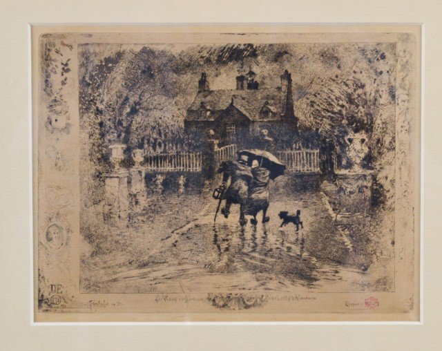 Félix Buhot (Fr., 1847-1898) Engraving: Félix Hilaire Buhot, (Fr., 1847-1898). Cat. Rais. 148, Bourcard/Goodfriend. "Les Voisins de campagne." Etching, drypoint, and aquatint. 1878. Stamped l.r. Sight size 5 5/8 x 7 1/4 inches.