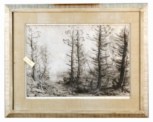 Alphonse Legros (Fr., 1837-1911). Drypoint Etching: Alphonse Legros (Fr., 1837-1911). Peasants in Forest. Drypoint etching. Signed l.r. in pencil. Sight size 15 7/8 x 22 5/8 inches.