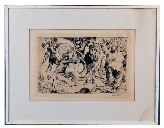 Lovis Corinth (Ger, 1858-1925) Neoclassical Scene: Dry point etching on paper, pencil signed l.r. Sight size 12 x 18 inches.