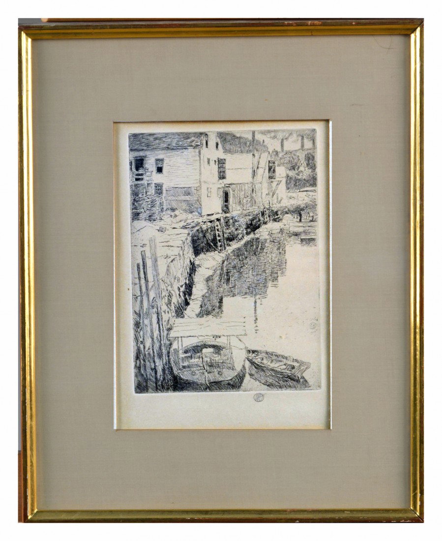 Childe Hassam (Am., 1859-1935), Etching: Childe Hassam (Am., 1859-1935). Title: "Cos Cob." Etching on Van Gelder Zonen hand laid paper. 1915. Initialed, dated, and titled in plate and l.r. in pencil. "Van Gelder Zonen Netherlands" watermark.