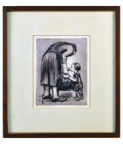 Käthe Kollwitz (Grm., 1867-1945). Etching: Käthe Kollwitz (German, 1867-1945). Etching, aquatint and drypoint on paper. 1928. Titled: "Stehende Mutter, ihr Büblein fütternd (Mother Feeding Her Child)". Etching (Restrike). Cat. Rais. Klipste