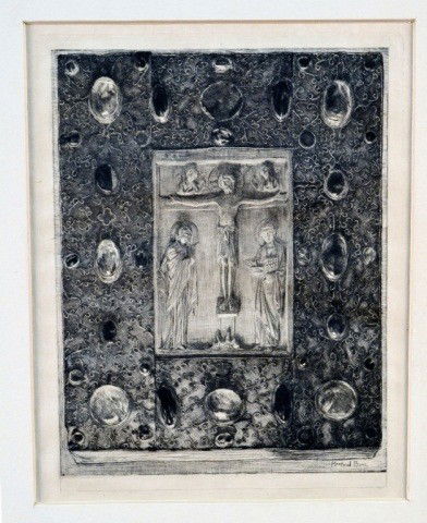 Muirhead Bone (Br., 1876-1953) Drypoint: "Rhenish Evangeliarium." Drypoint of medieval book-cover, with central Crucifixion relief, adorned with jewels. 1901. Signed in plate, l.r. Sight size 8 1/4 x 6 1/2 inches.