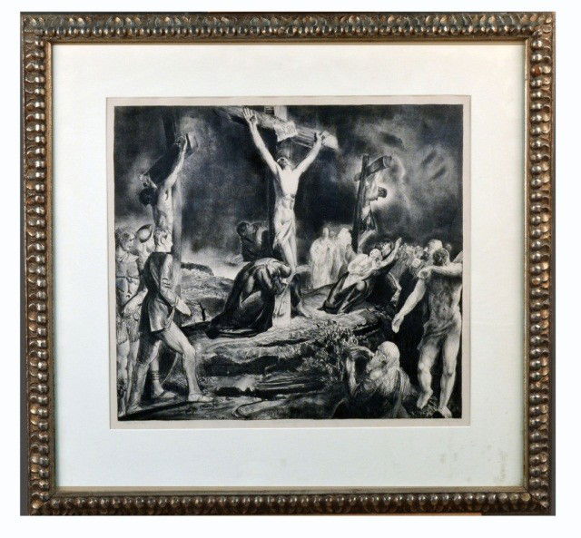 George W. Bellows (Am, 1882-1925) Crucifixion: Crucifixion of Christ, 1923. Lithograph. Sheet: 20 x 21 7/8 in. Image: 19 5/8 x 21 3/8 inches. Edition of 65. Signed and titled "Crucifixion" in pencil by the artist, and signed by his printer, Bolton