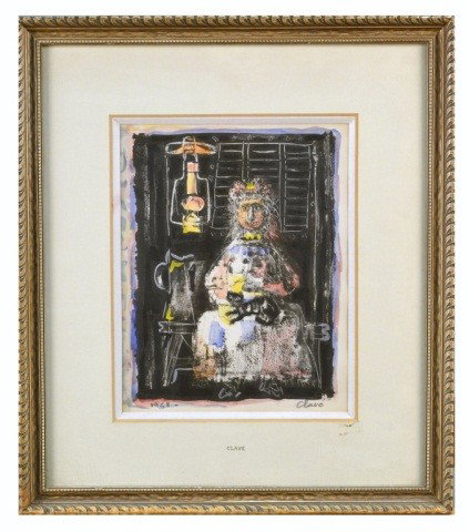 Antoni Clavé (Sp, 1913-2005) Woman with Cat: Hand colored lithograph, pencil signed l.r. Clavé, dated l.l. 1958. Sight size 10 1/2 x 8 1/2 inches.