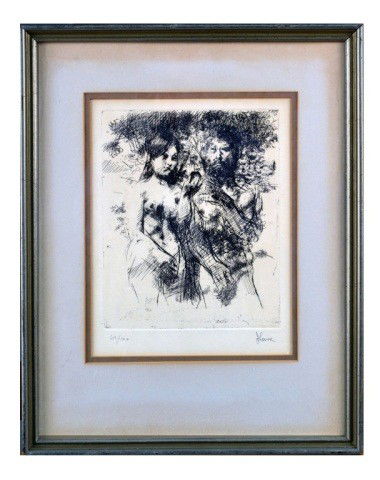 Jack Levine (Am, 1915) Adam and Eve: Etching, pencil signed l.r. J. Levine, numbered l.l. 69/100. Sight size 11 1/2 x 9 inches.
