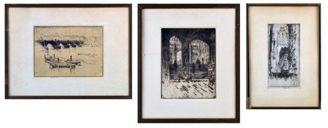 Joseph Pennell (Am, 1860-1926) Three Etchings: Comprising Entrance to Henry VII Chapel, The Liberty Town, and View of Bridge. All pencil signed J. Pennell. Various sizes, largest sight size 11 1/2 x 9 inches.