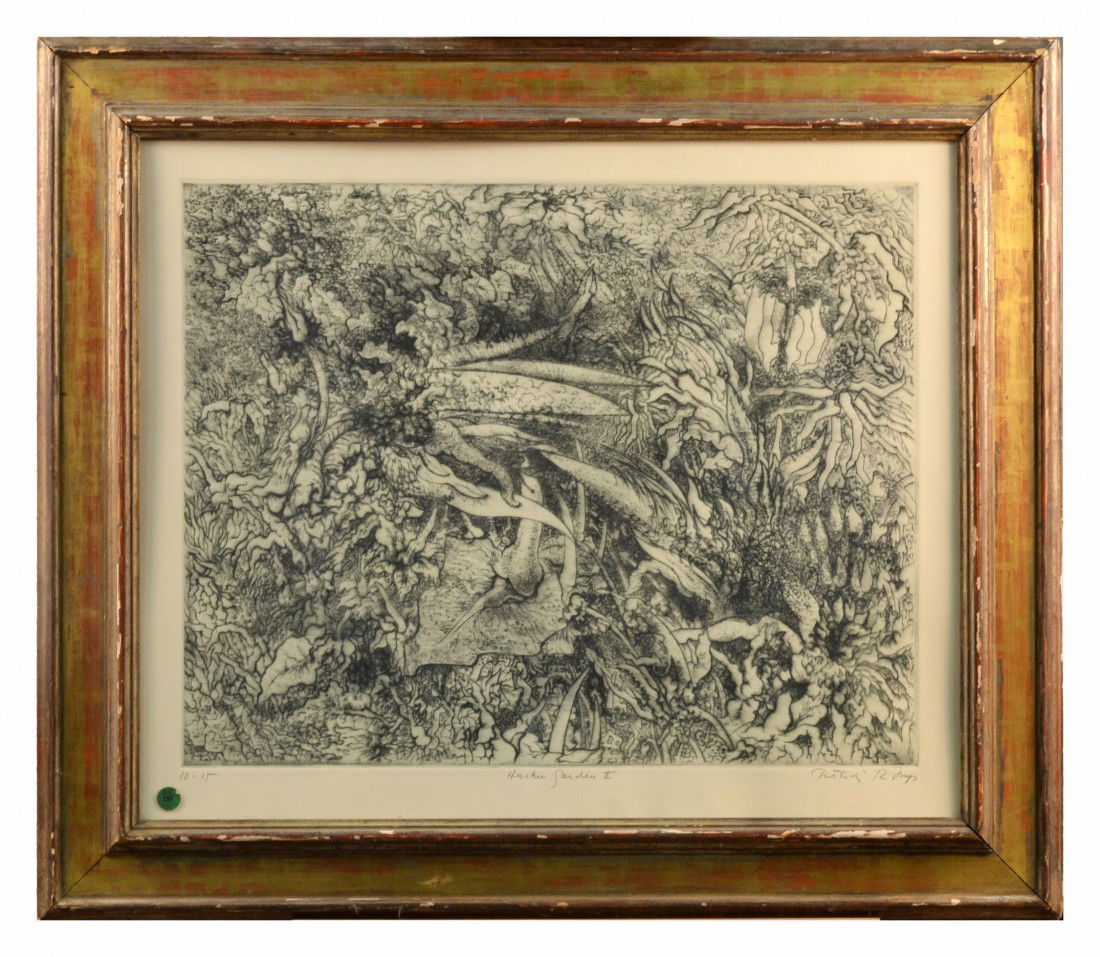 Gabor F. Peterdi (Am., 1915-2001), Haiku Garden II: Gabor F. Peterdi (Hungarian/American, 1915-2001). "Haiku Garden II." 1972. Dry point. Designated in pencil 10/15, l.l. Titled in pencil, l.m. Signed and dated in pencil l.r. 27 7/8 x 27 5/8 inches.
