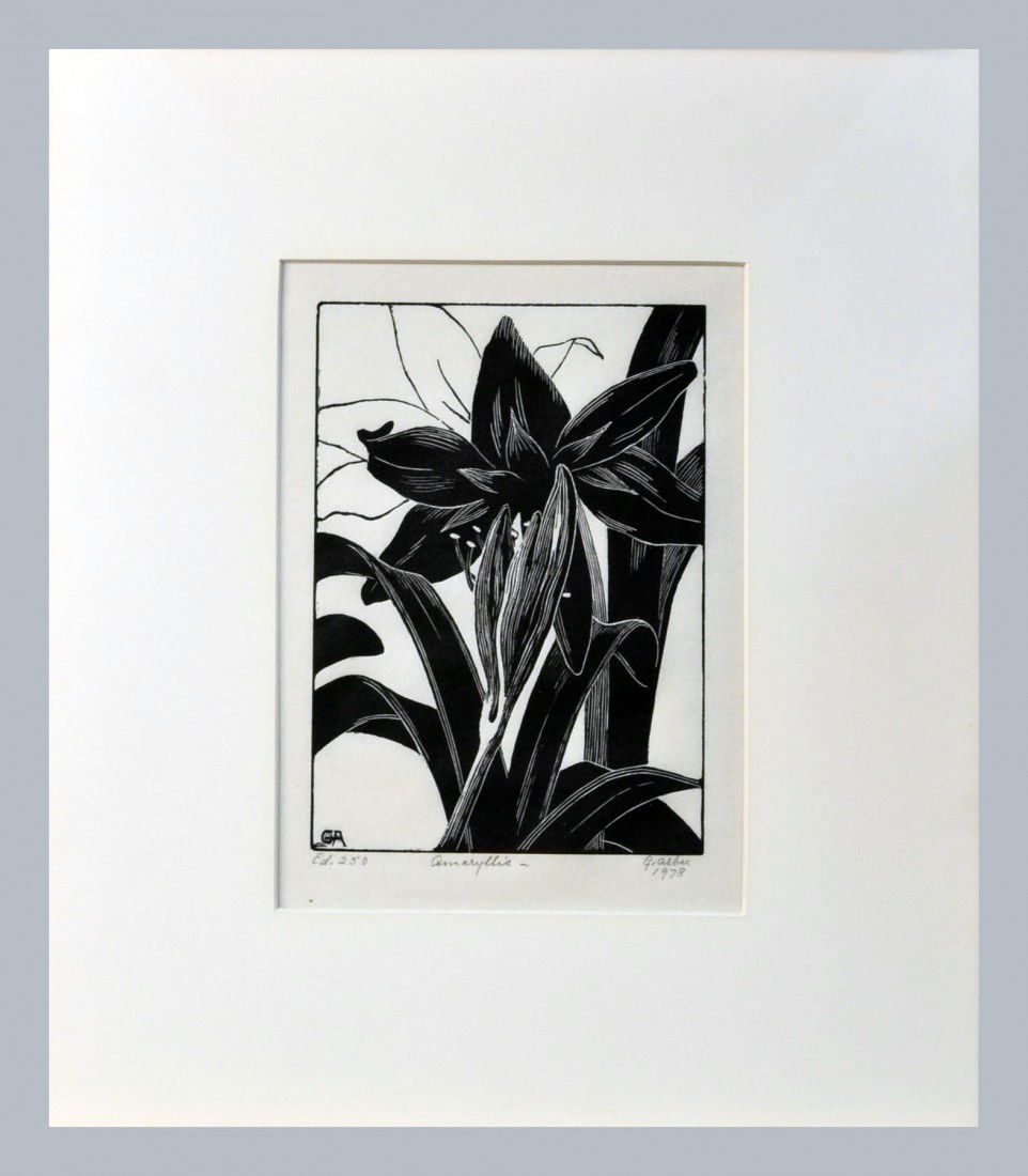 Grace A. Albee (Am., 1899-1985) Wood Engraving: "Amaryllis." Wood engraving. 1978, edition of 250. Initialed in the block, l.l. Signed,titled, dated, and edition in pencil. Printed on mulberry paper with full margins. Image size 7 x 5 inches.