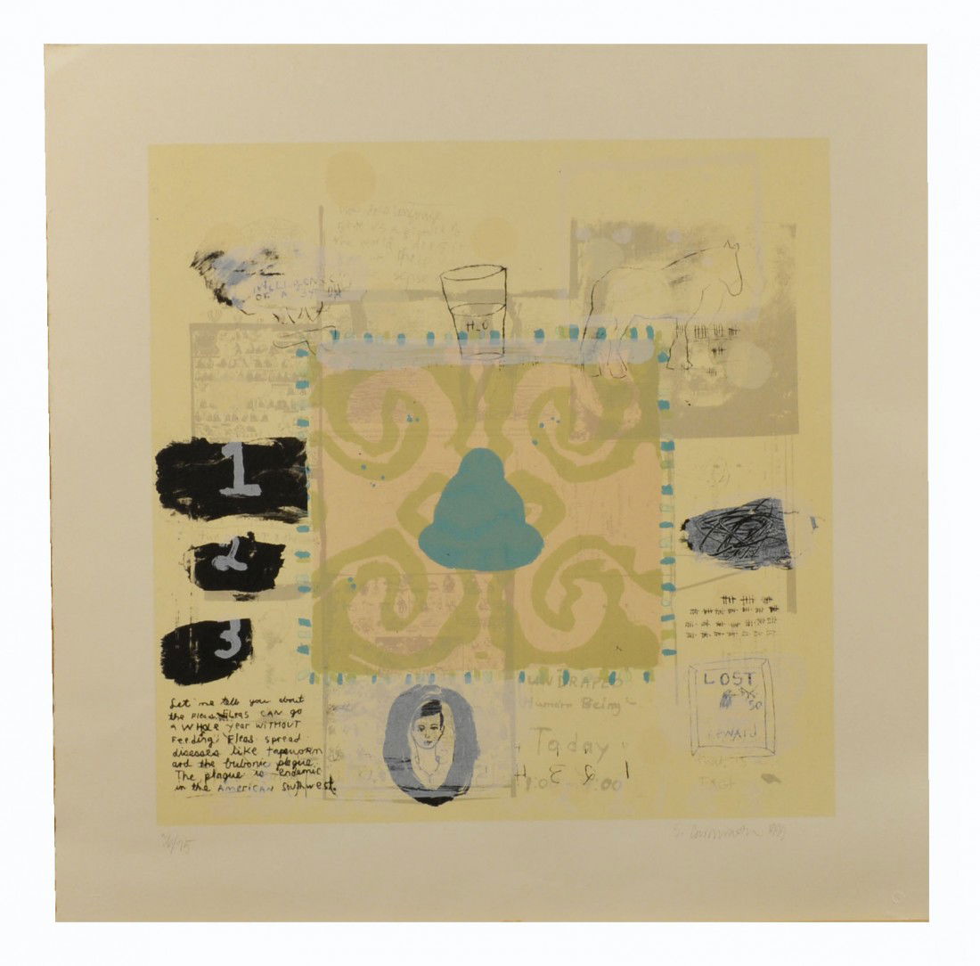 Squeak Carnwath (Am, 1947) Let Me Tell You: Signed and dated in pencil on l.r.. 11-color lithograph. Published by Tamarind Institute with Tamarind imprint l.r. Collector's Club Edition. Numbered 36/75 on l.l. Image size 18 1/4 x 18 1/4 inches.