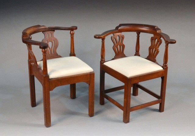 Near Pair George III Style Mahogany Corner Chairs: Open backs with baluster form splats, slip seats, chamfered legs. Height 30 1/2 inches, width 28 inches, depth 24 inches.