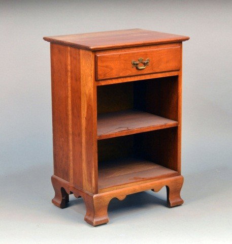 L. & L.G. Stickley Maple Side Table: Rectangular top over a single drawer and two open shelves, label in top drawer. Height 30 inches, width 20 inches, depth 15 inches.