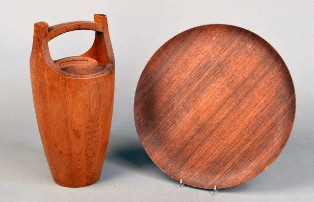 Jens Quistgaard Teak Ice Bucket: Height 15 1/2 inches; together with a teak circular tray, signed.