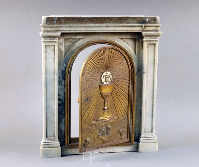 Bronze & Marble Church Tabernacle Door & Surround: Decorated with a Chalice and "IHS" 22 1/2 x 19 inches.