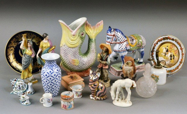 Miscellaneous Group of Decorations: Including a pair of Capo di Monte porcelain figures, pair of Chinese cloisonne snails, fur muff, two collector plates, fish form vase, etc.