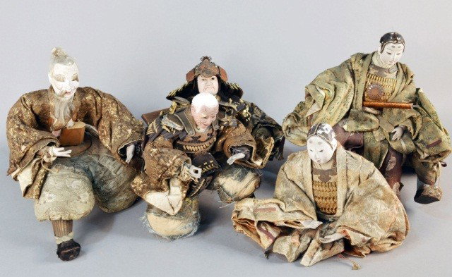 Group of Japanese Samurai Dolls: Late 19th century, Meiji period, in warrior costumes. Various sizes.