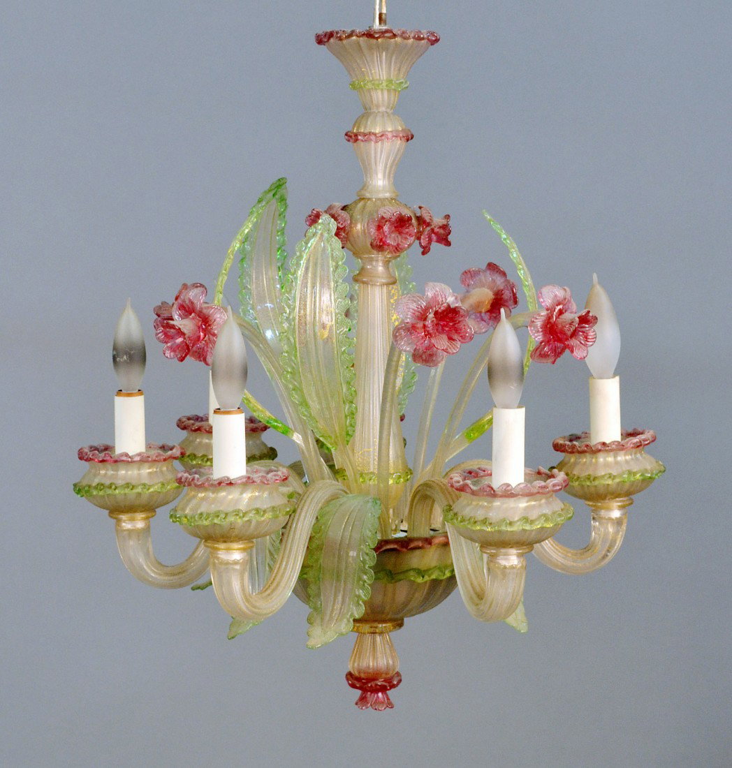 Venetian Glass Chandelier & Parts: Multi colored glass in leaf and floral motif. Height 22 inches, diameter 20 inches.
