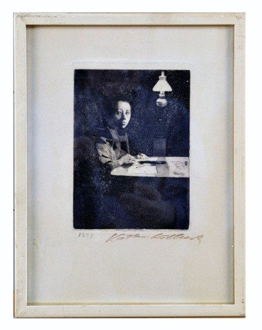 Käthe Kollwitz (Ger., 1867-1945) Etching: "Selbsbildnis am Tisch (Self-Portrait at a Table)" Etching and aquatint. Plate date 1893. Cat. Rais. Klipstein 14vb; Knesebeck 21vib. Marked in plate, printed by Otto Felsing and published by Verlag v