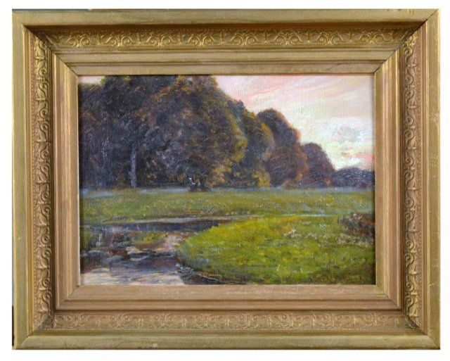 Ralph Albert Blakelock (American, 1847-1919): Landscape. Oil on canvas mounted on board. Signed (l.r.). 9 x 12 1/2 inches. Framed.