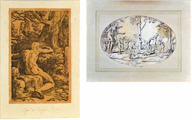 Ugo da Carpi (Italian, 1480-1520): Two chiaroscuro woodcuts, affixed on board. The rectangular print has a sheet size of 11 3/4 x 7 3/4 inches, and the oval print is 10 1/4 x 15 inches. Unframed.