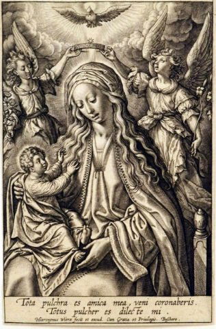 Hieronymus Wierix (Flemish, 1553-1619): The Virgin and child. Engraving, before 1619. Plate size 5 x 3 1/4 inches. Unframed.
