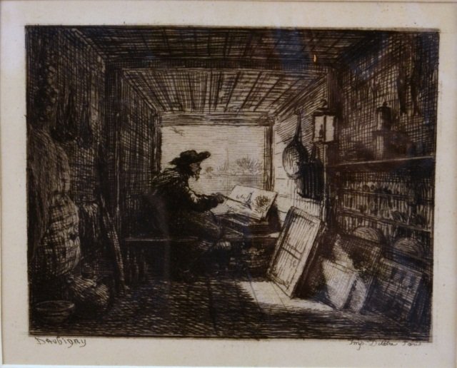 Charles-Francois Daubigny (French, 1817-1878): Daubigny in his Cabin. Etching. Signed in plate (l.l.). Published by Delatre, Paris. Plate size 4 x 5 1/4 inches. Unframed.