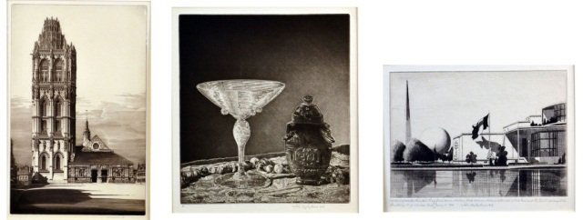 John Taylor Arms (American, 1887-1953): Three prints. Aspiration, La Madeleine, Verneuil-Sur-Avre (Fletcher 329). Etching, 1939, on cream laid paper. Signed and dated in pencil (l.r.), marked v in pencil (l.l.). Image #41 in the French Chur