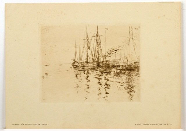 Emil Nolde (German, 1867-1956): Ships. Engraving. Printed lower left margin, "Zeitschrift für Bildende Kunst 1907, Heft 2 [Journal of Visual Art in 1907, Booklet 2]. Printed lower right margin, "Schiffe, Originalradierung Von Emil