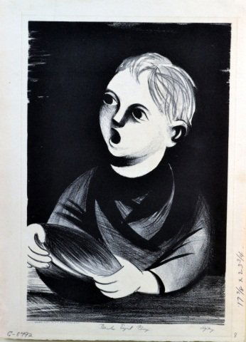 Abe Ajay (American, 1919–1998): Dark Eyed Boy. Lithograph, 1936-1939, on Rives BFK wove paper. Signed in pencil (l.r.).Titled in pencil (l.m.). Inscription in pencil "G-8792" (l.l.) and "8" (l.r.). Stamped "New York City W.P.A. Art