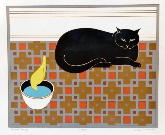 Will Barnet (American, b. 1911): Cat and Canary. Serigraph. Signed in pencil (l.r.), titled (l.l), and numbered 27/225 (l.m.). Image size 14 1/2 x 17 1/2 inches. Sheet size 23 1/2 x 30 inches. Unframed.
